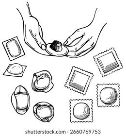 Mãos fazendo ravioli.  Ilustração de esboço vetorial.