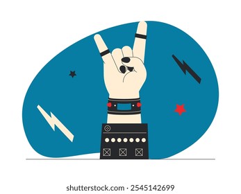 Manos haciendo gestos de rock, llevando accesorios como pulseras y anillos, Ilustración vectorial de rock n' roll.