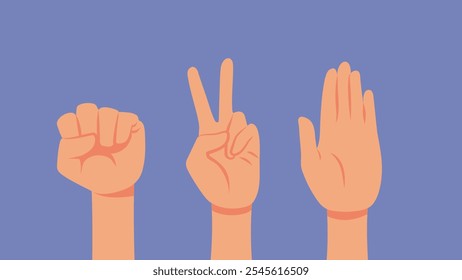 
Hands Making Rock, Paper, Scissors Gestures Vector Cartoon illustration. Group of friends playing games together 
