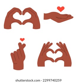 Hands making sign heart by fingers vector flat illustration. Finger Heart Symbol. Message of love hand gesture