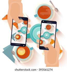 Hands making a smartphone photo of breakfast tea and apricot pie. Modern trend taking pictures of food in restaurants.  Flat design vector illustration. 