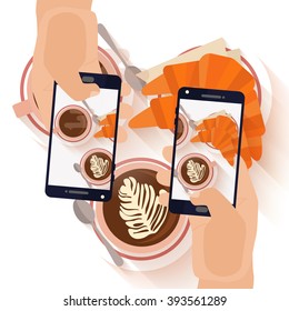 Hands making a smartphone photo of breakfast coffee cappuccino and croissant. Modern trend taking pictures of food in restaurants.  Flat design vector illustration. 