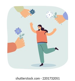 Hands of male characters giving flowers to happy woman. Romantic gifts for tiny cute girl flat vector illustration. Valentines day, bouquet concept for banner, website design or landing web page