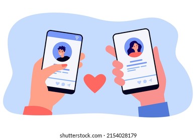 Hands of male and female dating app users holding phones. People looking at profiles on social media flat vector illustration. Love, romance, communication, network concept for banner or landing page