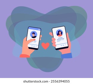 Hands of male and female dating app users holding phones. People looking at profiles on social media flat vector illustration. Love, romance, communication, network concept for banner or landing page