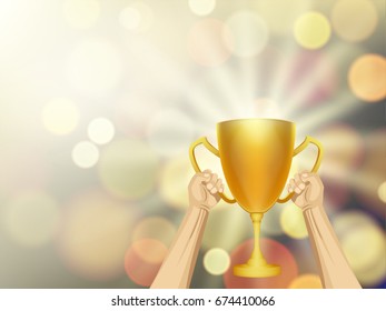 Hands of male hold golden soccer trophy cup with bokeh of spotlight backdrop.Concept design for template, banner for soccer winner or prize award in vector illustration
