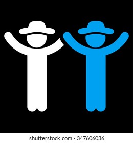 Hands Up Male Persons vector icon. Style is bicolor flat symbol, blue and white colors, rounded angles, black background.