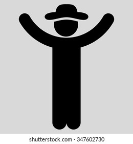 Hands Up Male vector icon. Style is flat symbol, black color, rounded angles, light gray background.