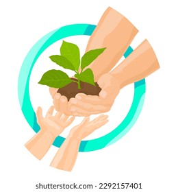 Hands of man and baby holding a young plant. Ecology concept.