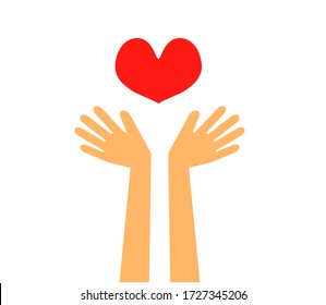 Hands of a man and a big red heart. Symbol. Vector illustration.