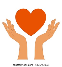Hands of a man and a big red heart. Symbol. Vector illustration.