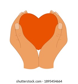 Hands of a man and a big red heart. Symbol. Vector illustration.