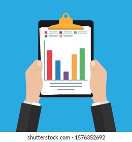 in the hands of man clipboard.Audit research vector icon, financial report data analysis, accounting analytics concept with charts and diagrams. Clipboard vector template. Stock vector illustration.