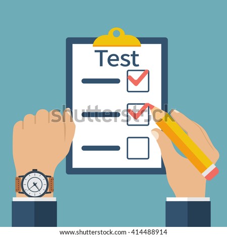 Hands of man with clock and pencil, concept test at time. Vector illustration, flat design. competitive basis. Filling, writing tests. Exam on time. Checklist, survey. Filling out forms.