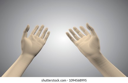 Hands of a man. Hands from the first person. Game interface 3D. human hands palm-to-face. Vector illustration.