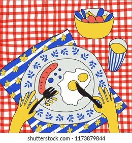 Hands of a man having breakfast at the table. View from above.  Funny cartoon vector illustration, doodle style.