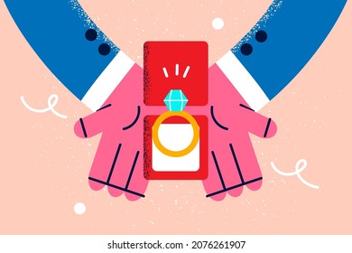 Hands of man hold box with golden ring with diamond make marriage proposal to beloved woman. Loving male with jewelry do engagement offer to lover. Relationship goal concept. Vector illustration. 