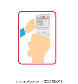 Hands of a man holding a newspaper with the text fake news on it and introducing it in a human head