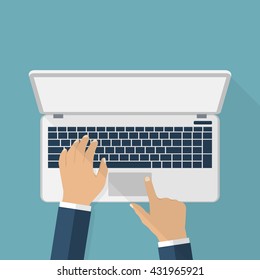 Hands of a man on the laptop keyboard. Vector illustration of flat design. laptop, desk, working. Man using laptop.