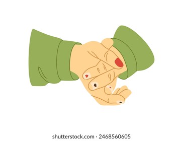 Hands of man with painted nails with card suits isolated on a white background. Male manicure concept. Hands clasped. Manicure with hearts, diamonds, spades and cross, trendy nails. Vector