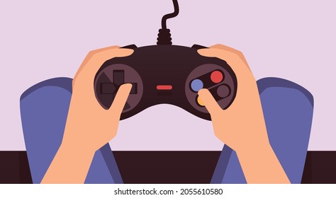 Hands of man playing computer video games on play console or PC with game controller. Hands holding gaming devices for computer console, flat vector illustration.