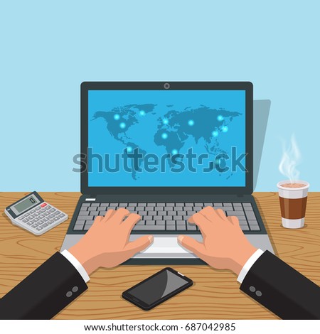 Hands of the man print on the laptop.Workplace of a biznsmen with a glass of coffee, phone, the calculator.Internet globalization.3D style. Vector illustration.