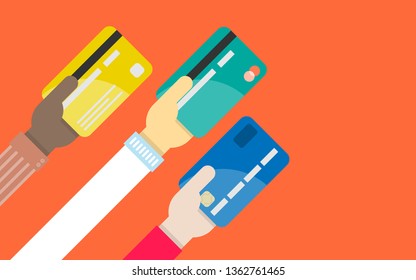 Hands of man showing credit card for payment, flat design style in business concept.
