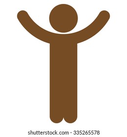 Hands Up Man Silhouette vector icon. Style is flat symbol, brown color, rounded angles, white background.