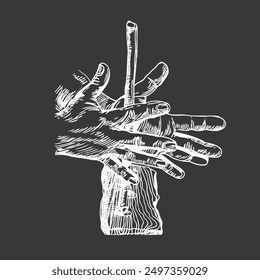 Hands of a man who makes fire with stick and wood. Hand drawn sketch