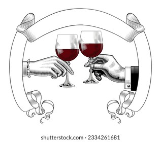 Hands of man and woman clink glasses with red wine. Hands holding a glasses with red wine. Friends raising a toast with glasses of wine at family dinner. Vector illustration