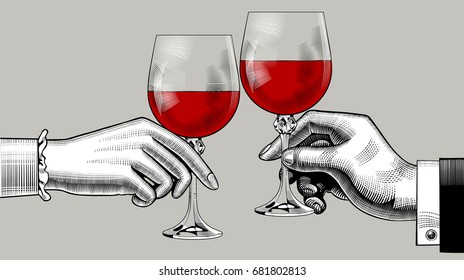 Hands Of Man And Woman Clink Glasses With Red Wine. Vintage Engraving Stylized Drawing. Vector Illustration
