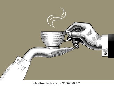 Hands of a man and a woman with a coffee cup. Antique engraving, stylized drawing. Vector illustration