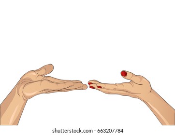 Hands of a man and a woman is drawn into each other's hands empty space. They touch each other Free space for your ad or text. Vector illustration isolated on white background
