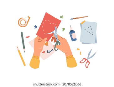 Hands of man or woman engaged in hand-made, labor, application, hobby flat cartoon illustration. Vector arms with scissors cutting heart, lesson of art at school or kindergarten, glue and pencil