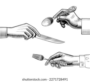 The hands man   woman and fork  knife   spoon  The theme food   cuisine  Vintage stylized drawing  Vector illustration