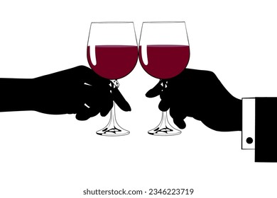 Hands of a man and a woman with glasses of red wine. Hands of man and woman clink glasses with red wine. Hands holding a glasses with red wine. Vector illustration