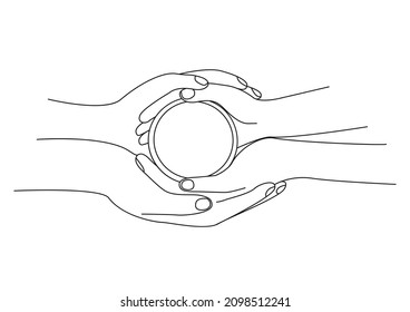 hands of man and woman holding a mug top view. Couple in love holding hands with coffee on white.