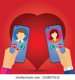 Hands of a man and a woman holding two smartphones near a heart