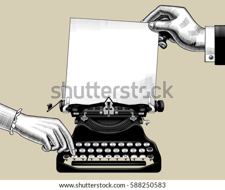 Hands of man and woman with old typewriter. Vintage engraving stylized drawing. Vector illustration