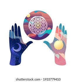 Manos con mandala de paz. Ilustración vectorial.