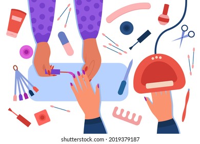 Hands of manicure artist painting nails of customer at table. Nail studio with colorful tools flat vector illustration. Beauty salon or services concept for banner, website design or landing web page