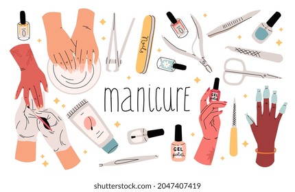 hands with manicure. doodle tools set with nail polish, scissors, polish, cream. Nail studio, salon banner. Beauty icons for spa. Vector illustration.