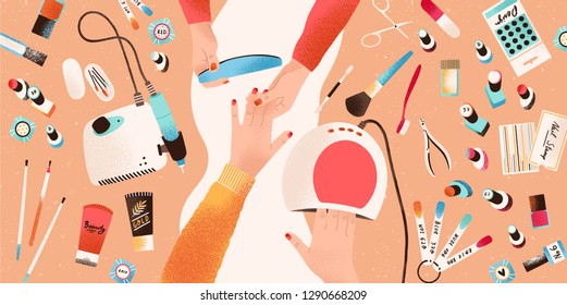 Hands of manicurist performing manicure and her customer or client surrounded by tools and cosmetics for nail care, top view. Beauty salon. Colorful vector illustration in flat cartoon style.