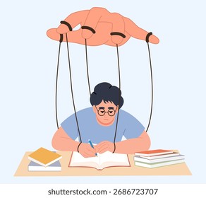 Las manos manipulan a las personas que cuelgan de cuerdas. Obliga a su hijo a estudiar.