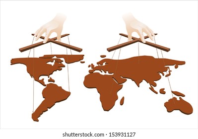 Hands manipulate the world on white background