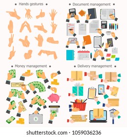 Hands manipulation, delivery, document management, money management color flat icons set