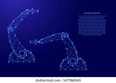 The hands of manipulators of the robot from futuristic polygonal blue lines and glowing stars for banner, poster, greeting card. Vector illustration.