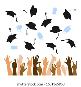 Hands of many races graduates throwing graduation caps and coronavirus masks. Vector Illustration for graduation cards, invitation, banner, flyer. Silhouette of square academic cap graphic design