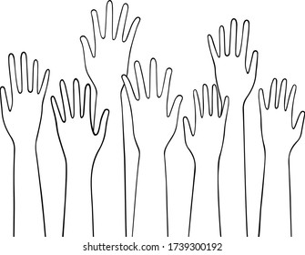 Muchas manos levantadas. Ilustración vectorial dibujada a mano. Bordes negros aislados en un fondo blanco.