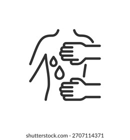 Mãos massageando ombro com gotas, ícone linear. Drenagem linfática e procedimento de cuidados da pele. Linha com traçado editável.